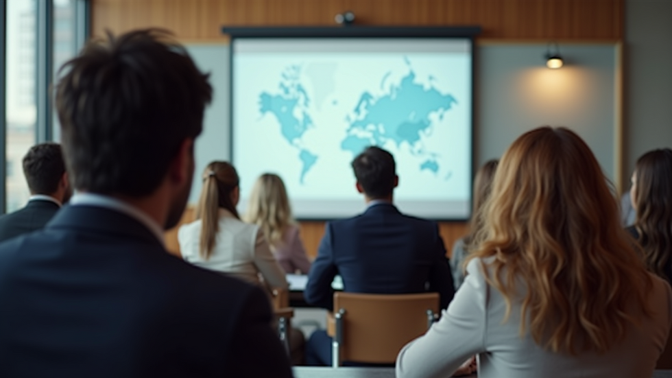 Eye-level view of a conference room with employees attending a professional development seminar