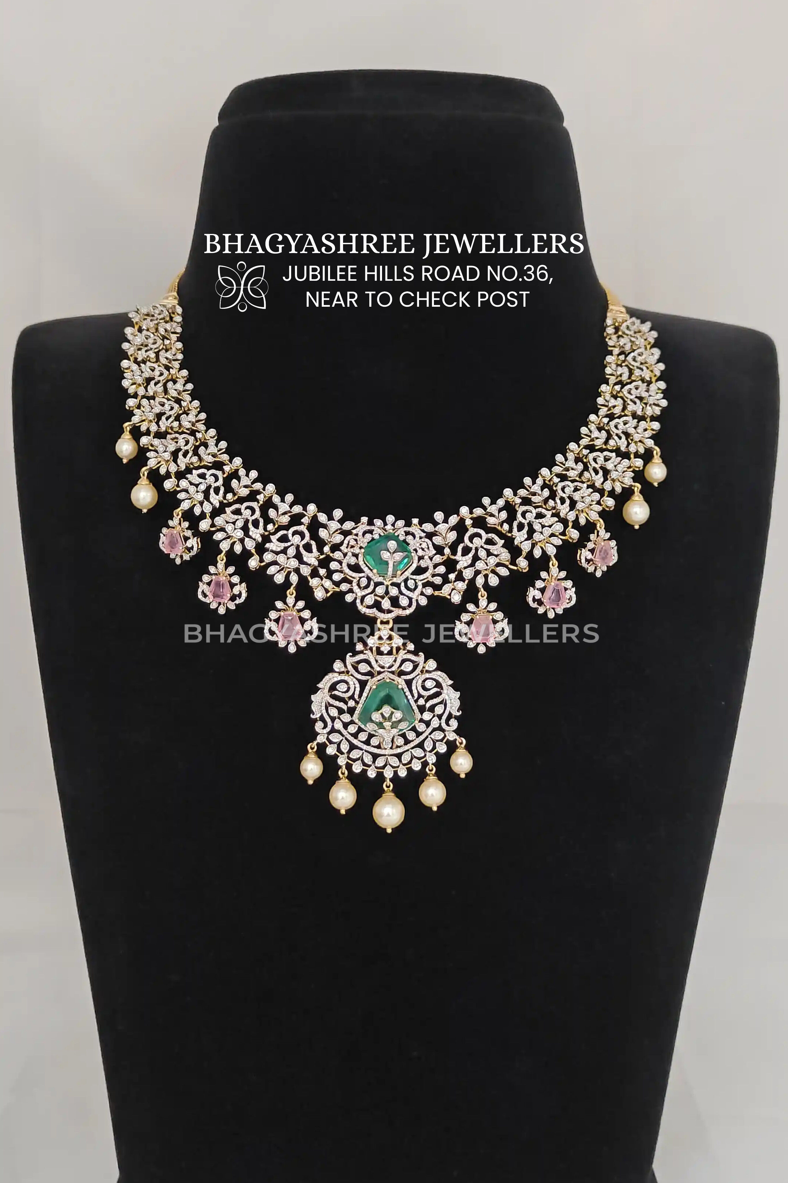 Elegant Diamond Necklace with Emeralds & Pendant