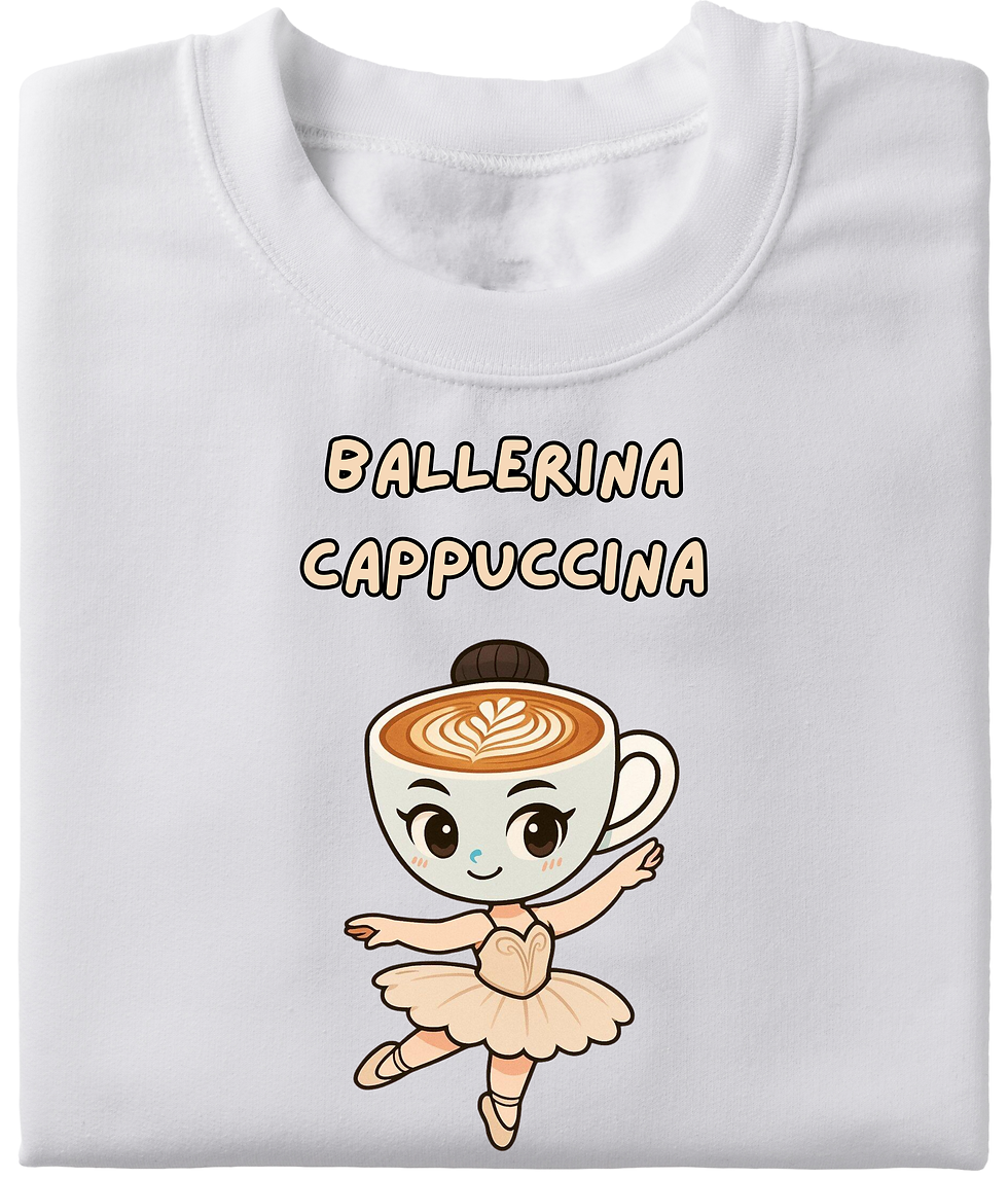 Бяла brainrot тениска - Ballerina Cappuccina щампа