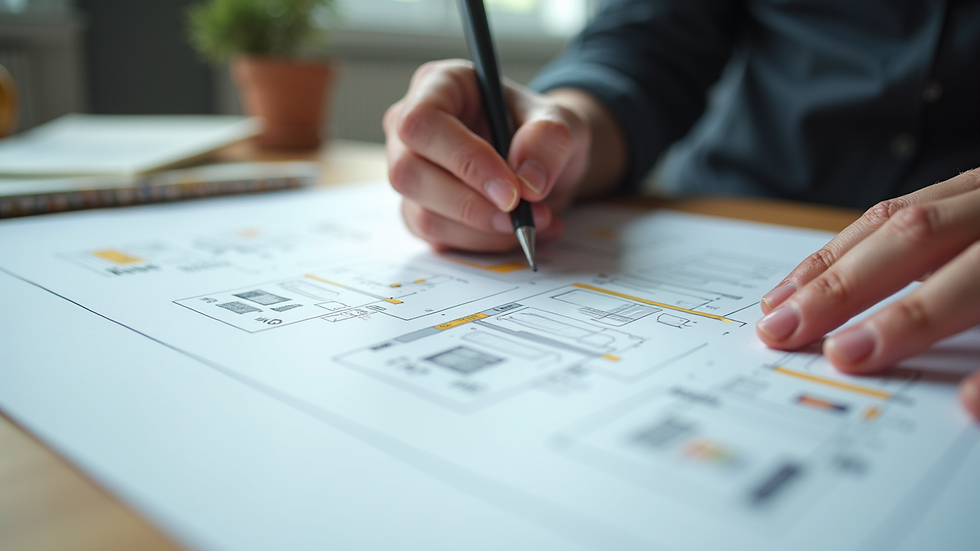 Close-up view of a designer sketching website wireframes on paper