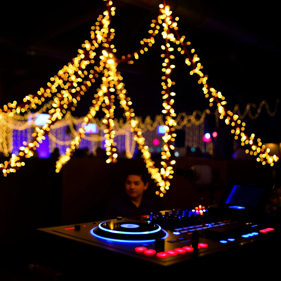 DJ en club, entouré de guirlandes lumineuses dorées. Platine vinyle illuminée bleu et rouge. Ambiance festive et chaleureuse.