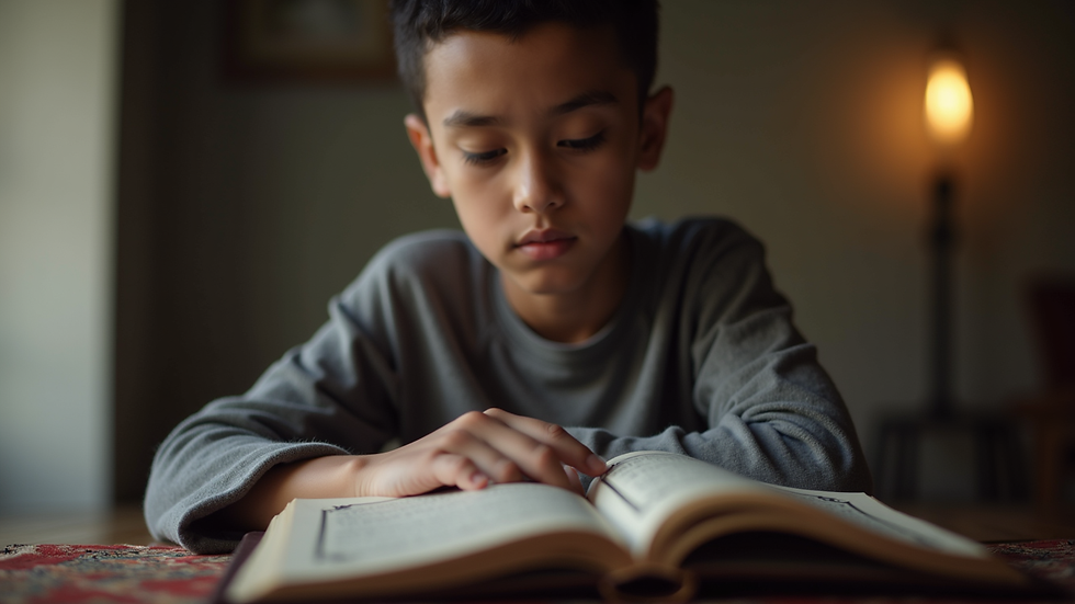 Eye-level view of a young Muslim studying the Qur'an
