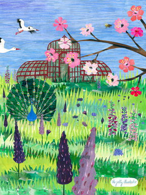 Papercut illustration by the jolly illustrator showing a meadow with a peacock, greenhouse, cherry tree blossoming, a bee and purple flowers