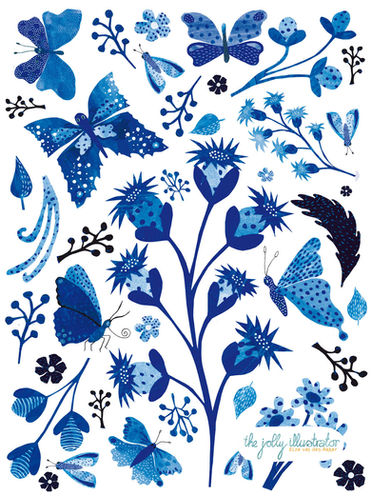 Vivid illustration of Delft Blue butterflies and flowers. Greeting Card design by the jolly illustrator