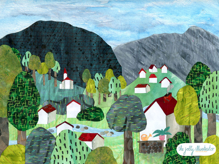 Puzzle design of the French Jura. Landscape art. Collage by the jolly illustrator