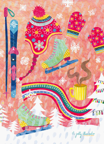 Seasonal greeting card with winter elements. Collage illustration available for licensing