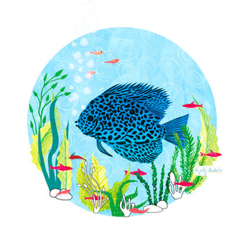 Blue Discus fish.  Mixed media illustration by Amsterdam based illustrator Elze van den Akker aka the jolly illustrator