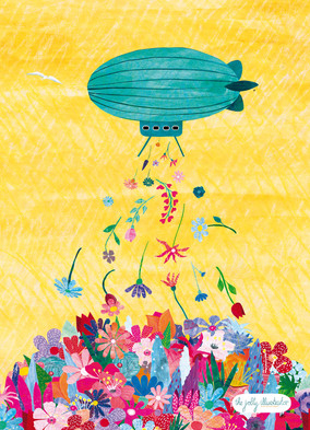 Zeppelin sprinkling flower. Bold and witty papercut illustration by the jolly illustrator. suitable for greeting cards, staionary or posterdesign