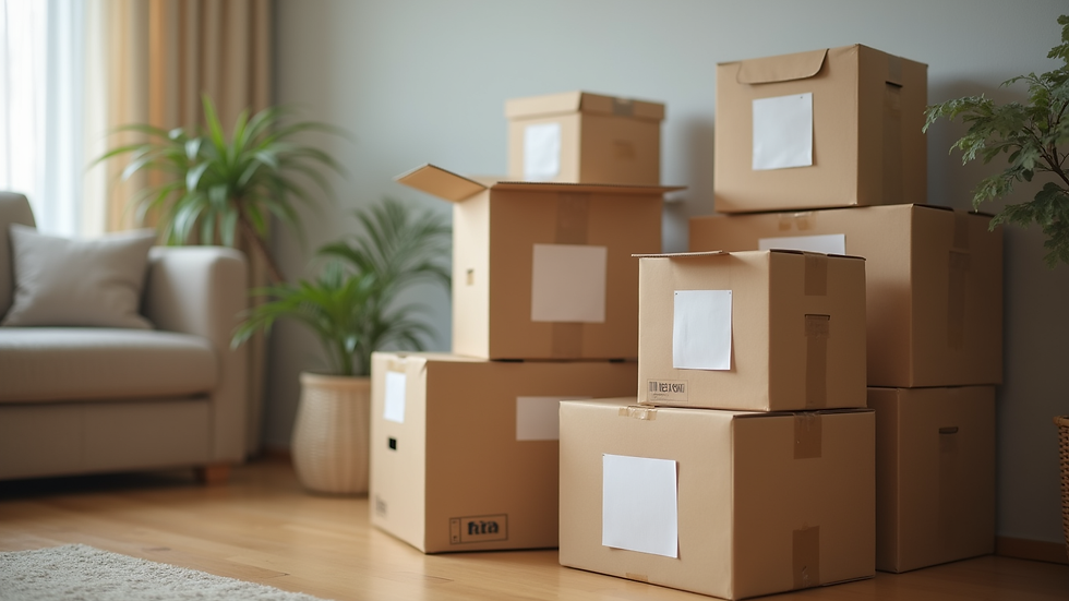 Close-up view of neatly packed and labeled moving boxes stacked in a living room