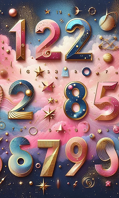 números 1,2,3,4,5,6,7,8,9,0, fondo universo, colores rosados, dorados y azules.png