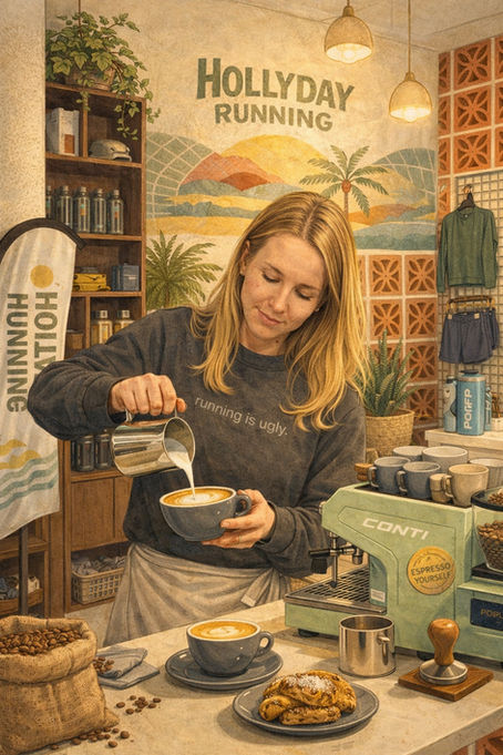 Blonde barista girl pouring milk for a specialty coffee. 