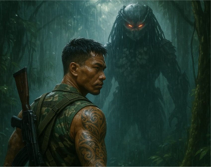 ⚔️ A Dayak soldier in the Borneo rainforest faces a Predator-like alien, surviving through the balance of modern discipline and ancestral spirit.
