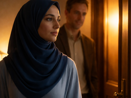 Leila in a dark blue hijab stands by a softly lit door as Andrew waits behind her, symbolizing faith, choice, and quiet awakening.