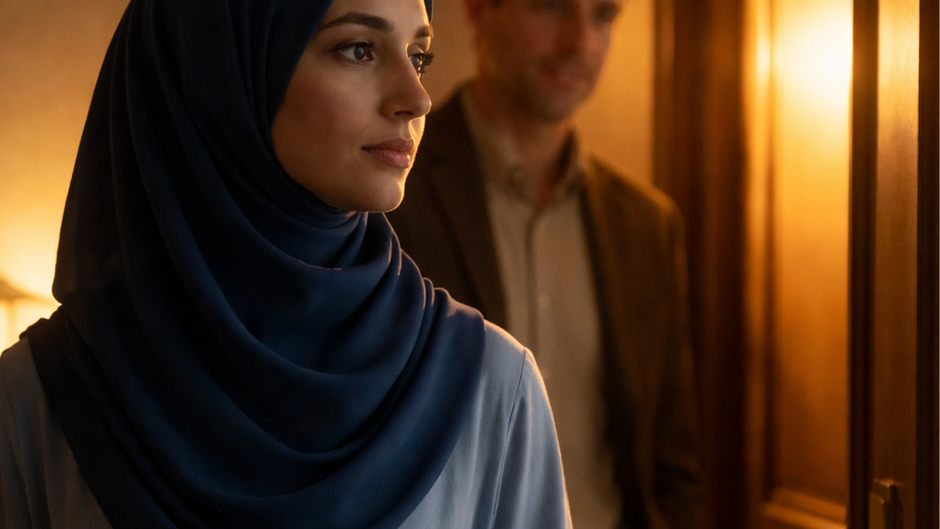 Leila in a dark blue hijab stands by a softly lit door as Andrew waits behind her, symbolizing faith, choice, and quiet awakening.