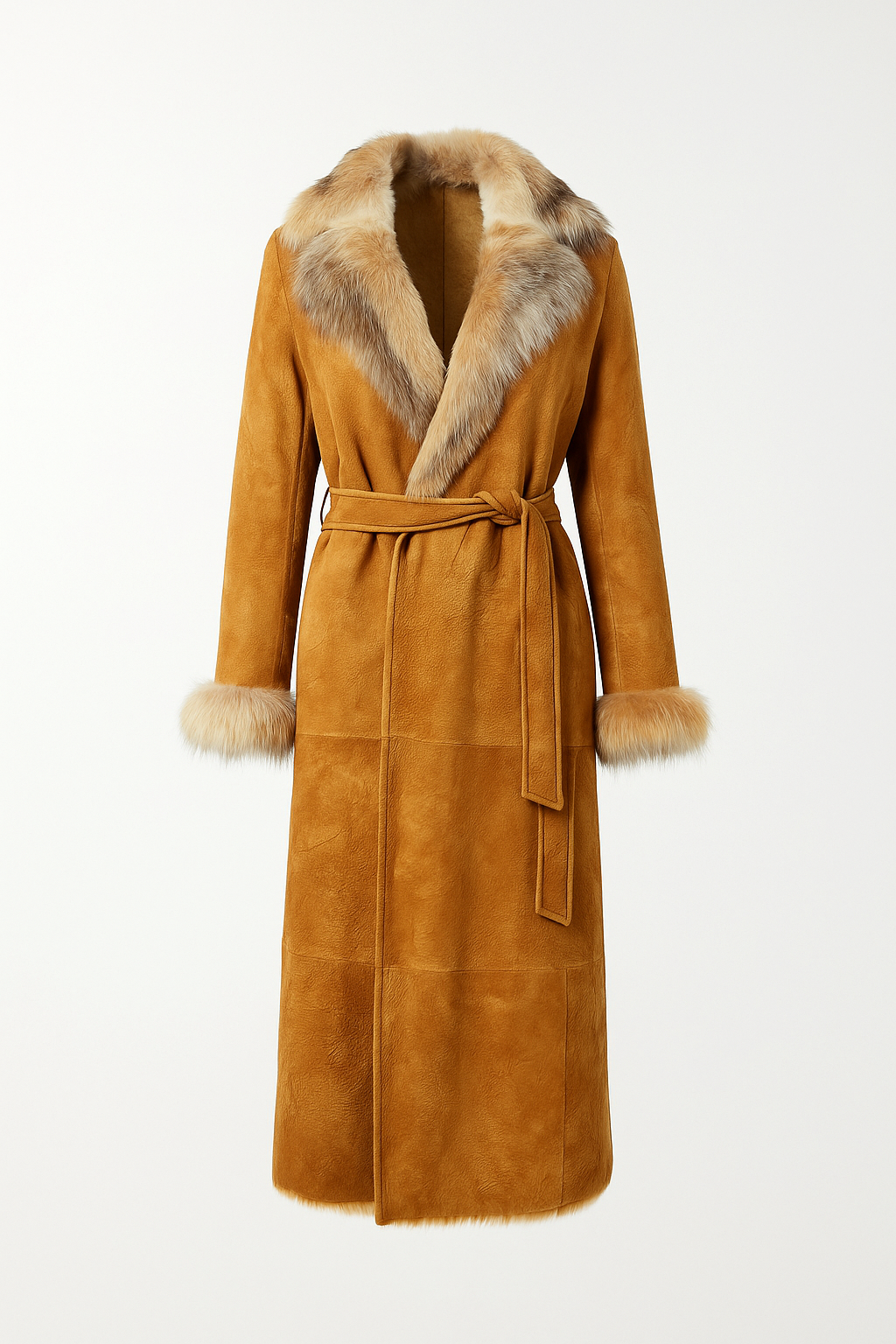 Camel Shearling Coat with Fur Trim