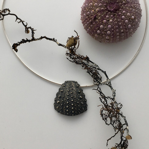 Sea Urchin Pendant by Megan Dickens in a flat lay of natural coastal treasures
