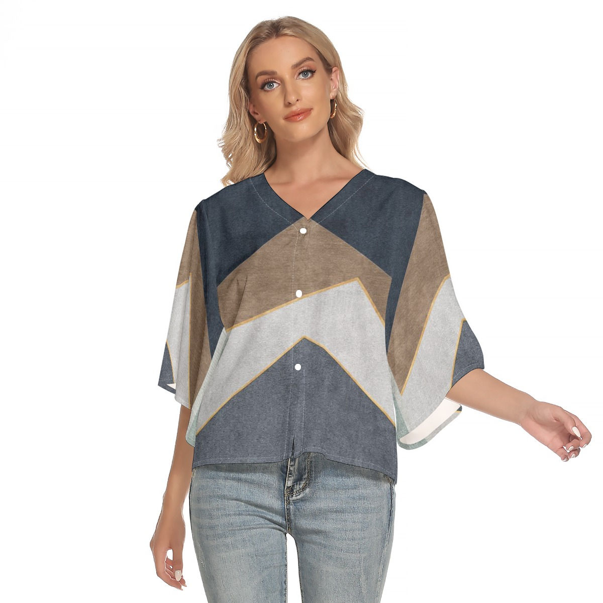 Freshdrop All-Over Print Women's Bat Sleeve Light V-neck Front Buttoned Top