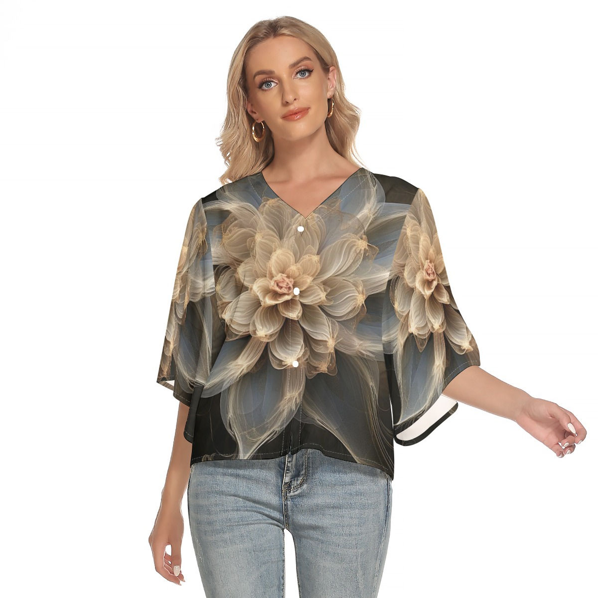 Freshdrop All-Over Print Women's Bat Sleeve Light V-neck Front Buttoned Top