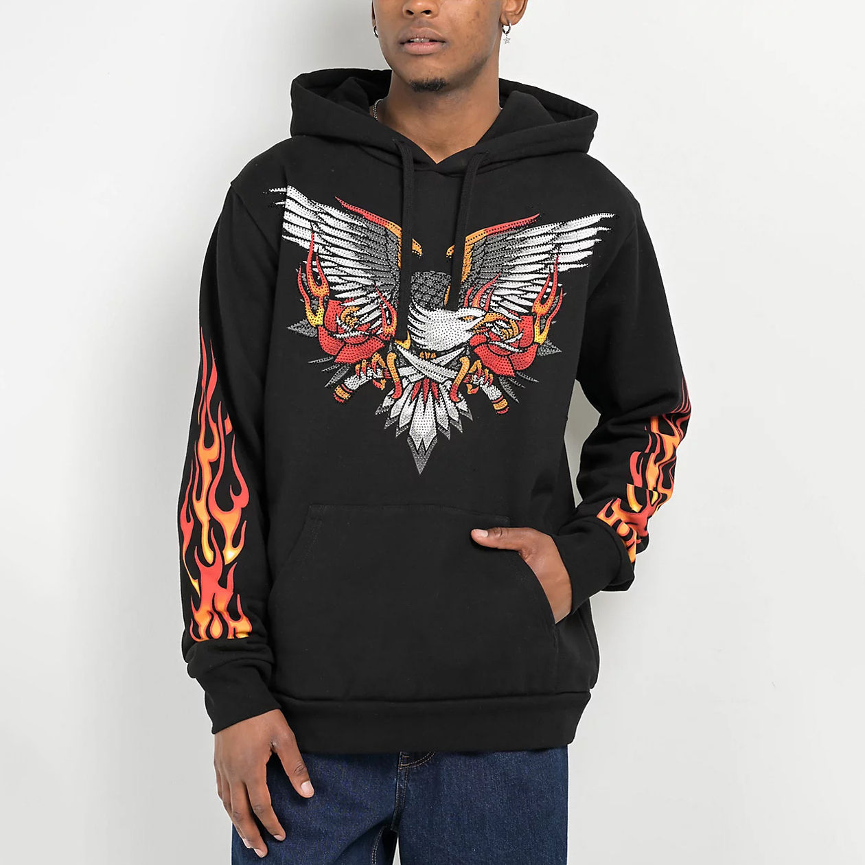 Men's Thick Cotton Fleece Hoodie with Rhinestones - Warm Winter Pullover