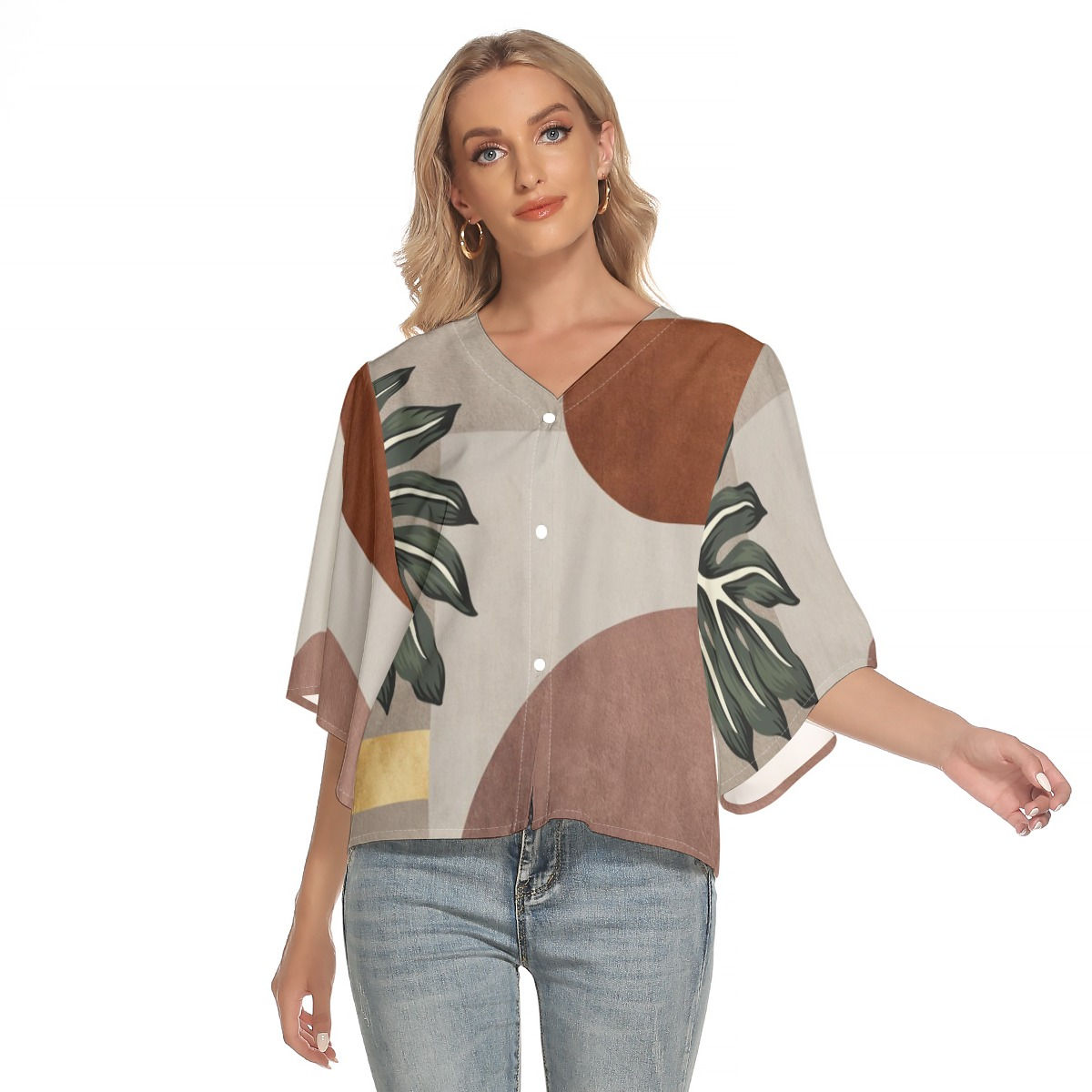 Freshdrop All-Over Print Women's Bat Sleeve Light V-neck Front Buttoned Top
