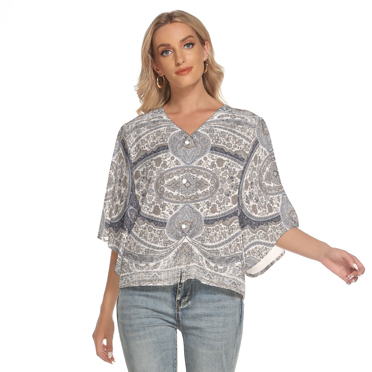 Freshdrop All-Over Print Women's Bat Sleeve Light V-neck Front Buttoned Top