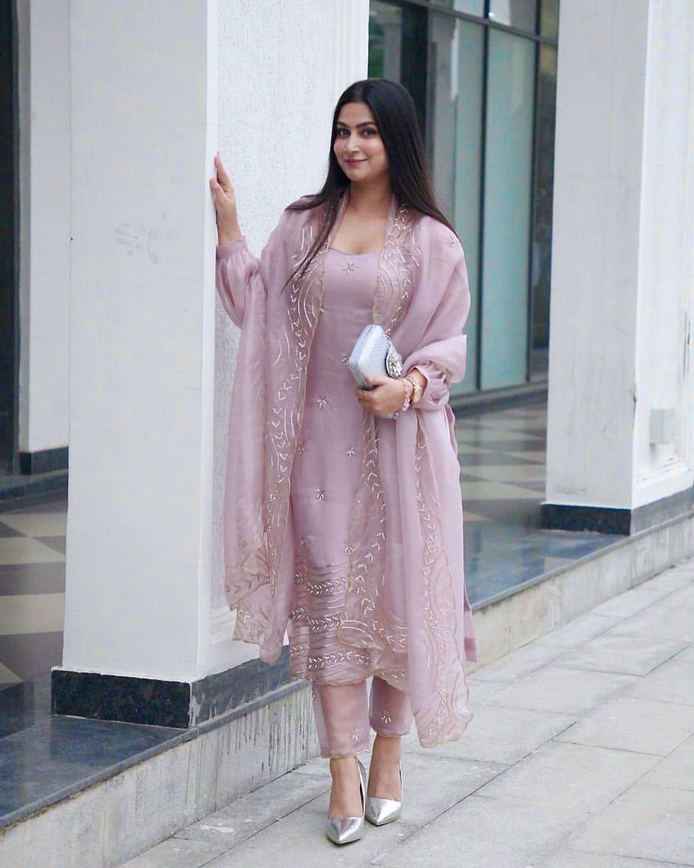 Thumbnail: Elegant Pakistani Salwar Kameez Set: Soft Teby Silk, Vintage Embroidery & Breath