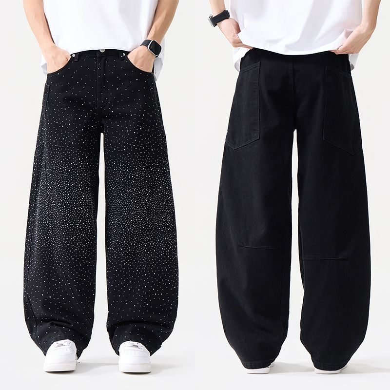 Thumbnail: Korean Star Rhinestone Jeans: Loose Retro Straight Leg with Diamonds
