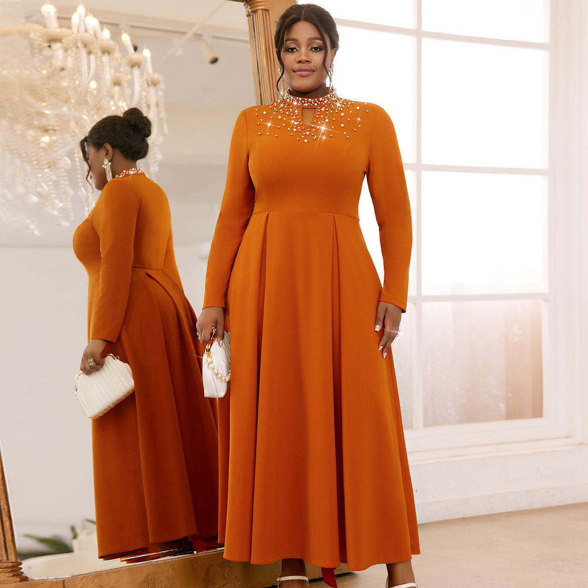 Plus Size Hollow Out Beaded Collar Casual Dress