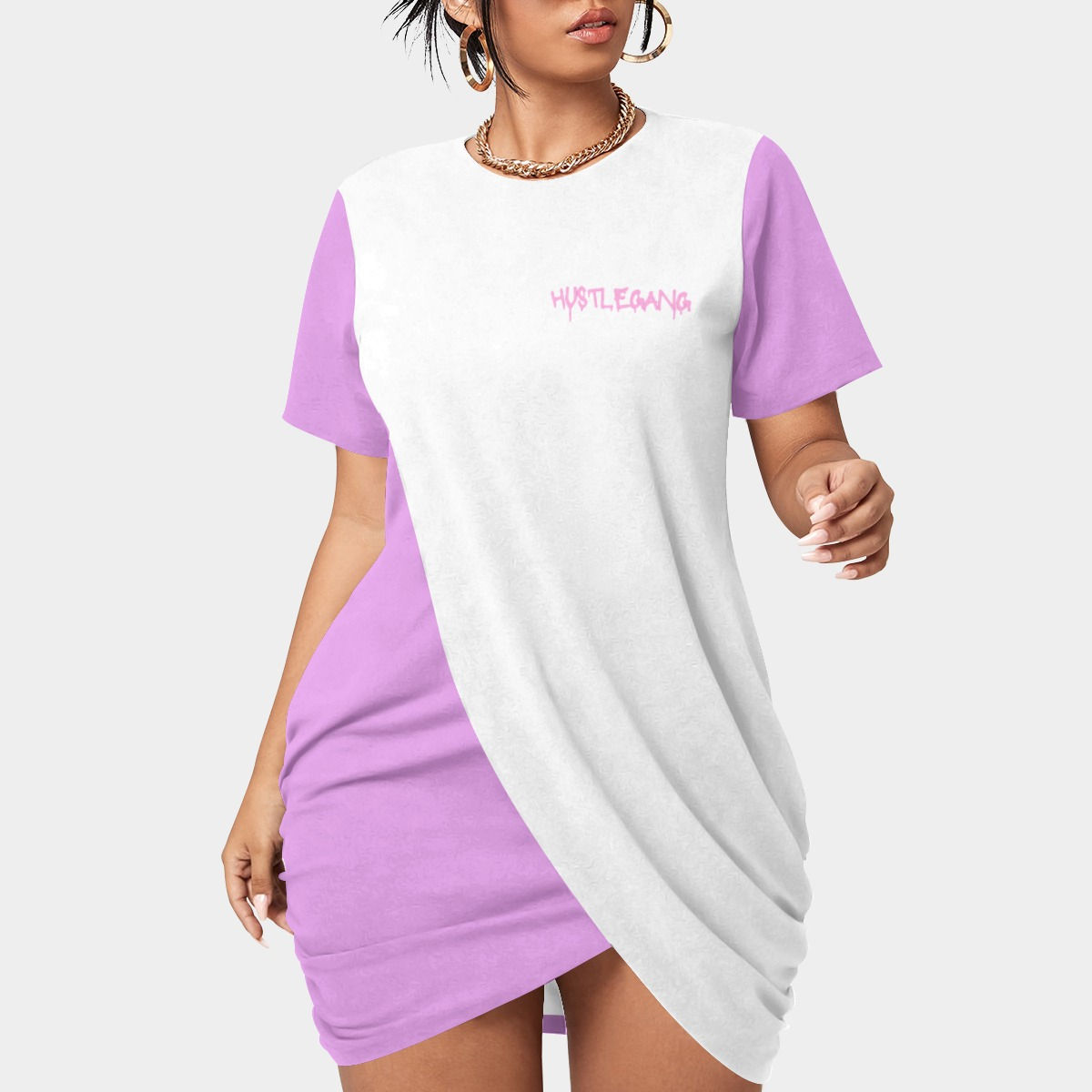 Fresdrop All-Over Print Women’s Stacked Hem Dress With Short Sleeve(Plus Size)