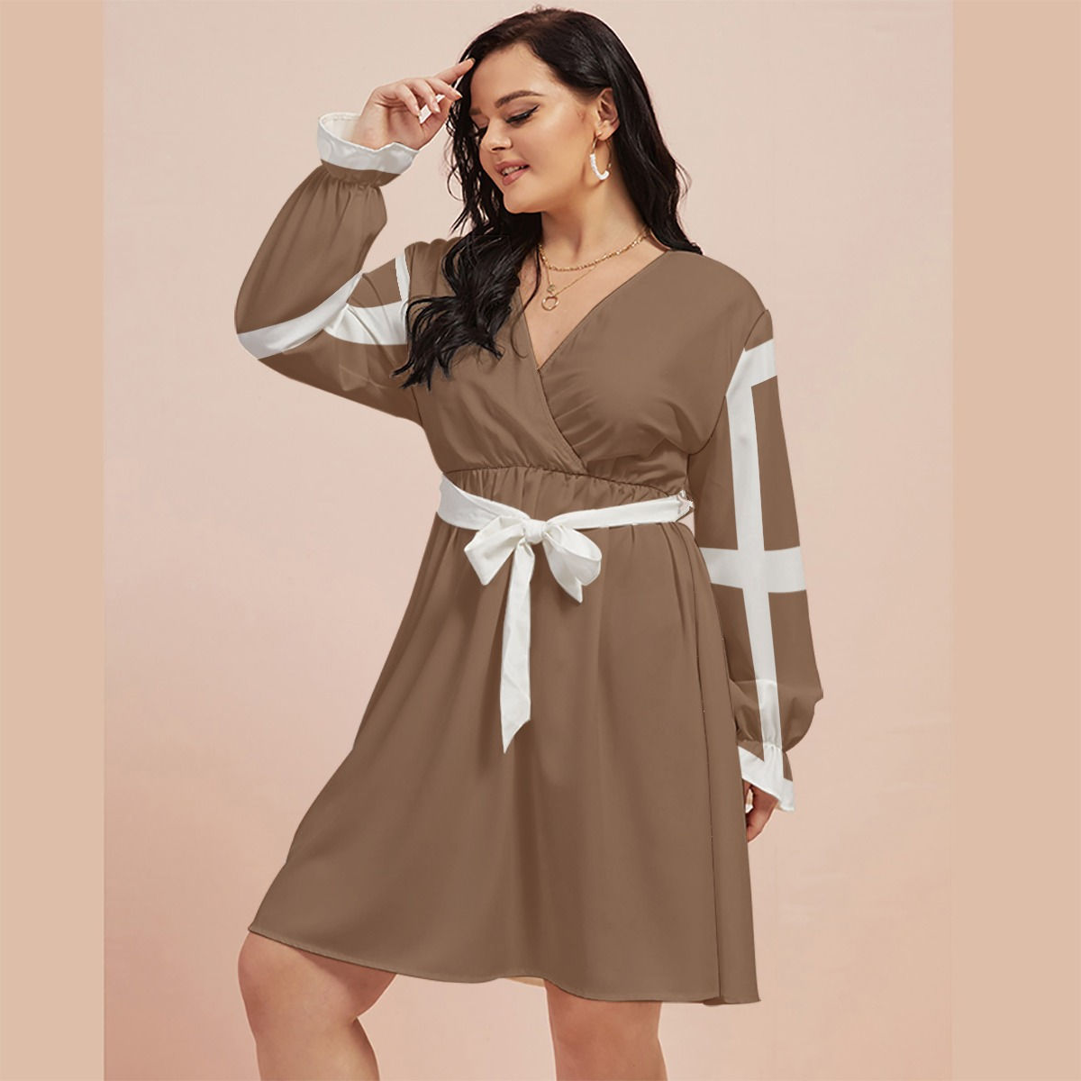 All-Over Print Women's V-neck Dress With Waistband(Plus Size)