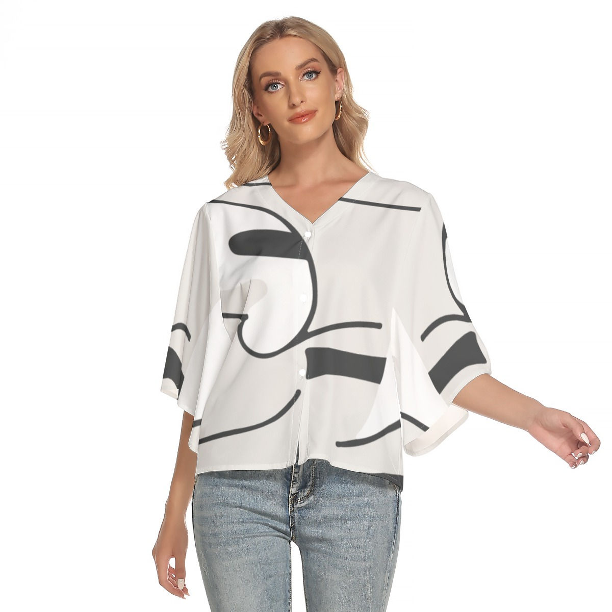Freshdrop All-Over Print Women's Bat Sleeve Light V-neck Front Buttoned Top