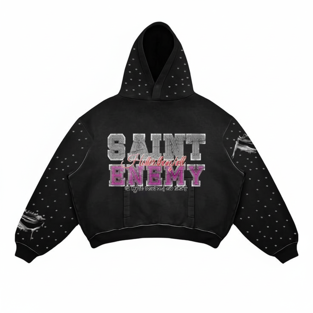 Acid Wash Embroidered Fleece Hoodie Zipper Pullover Oversized Fit Rhinestone Pr