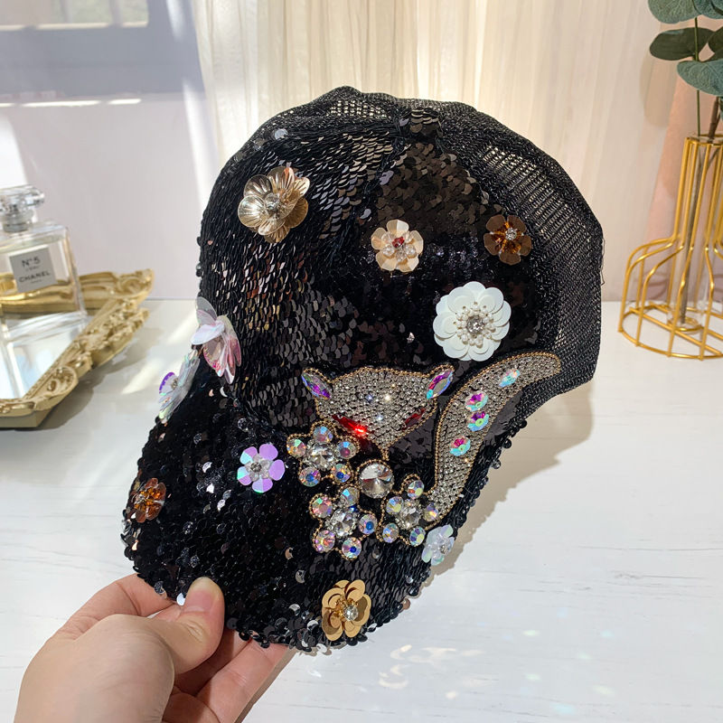 Thumbnail: Vintage Satin-Lined Dad Hat for Women & Girls - Shiny Fox Flower Bling Baseball 