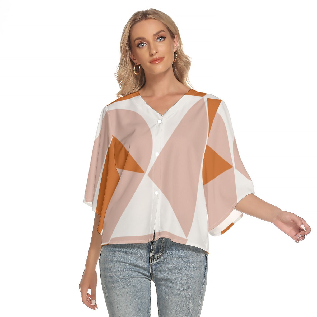 Freshdrop All-Over Print Women's Bat Sleeve Light V-neck Front Buttoned Top