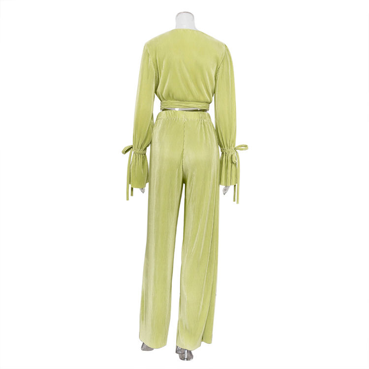 Thumbnail: Women's Green Pleated Wide Leg Trousers & Lace-Up Crop Top Set