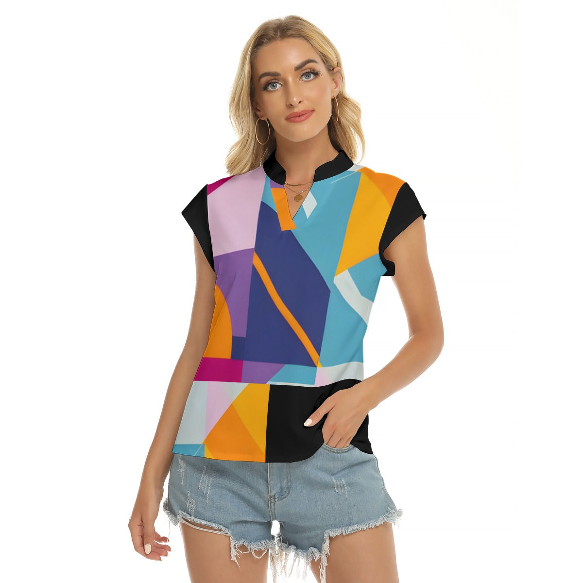 Freshdrop All-Over Print Women's Stacked V-neck Short Sleeve Blouse