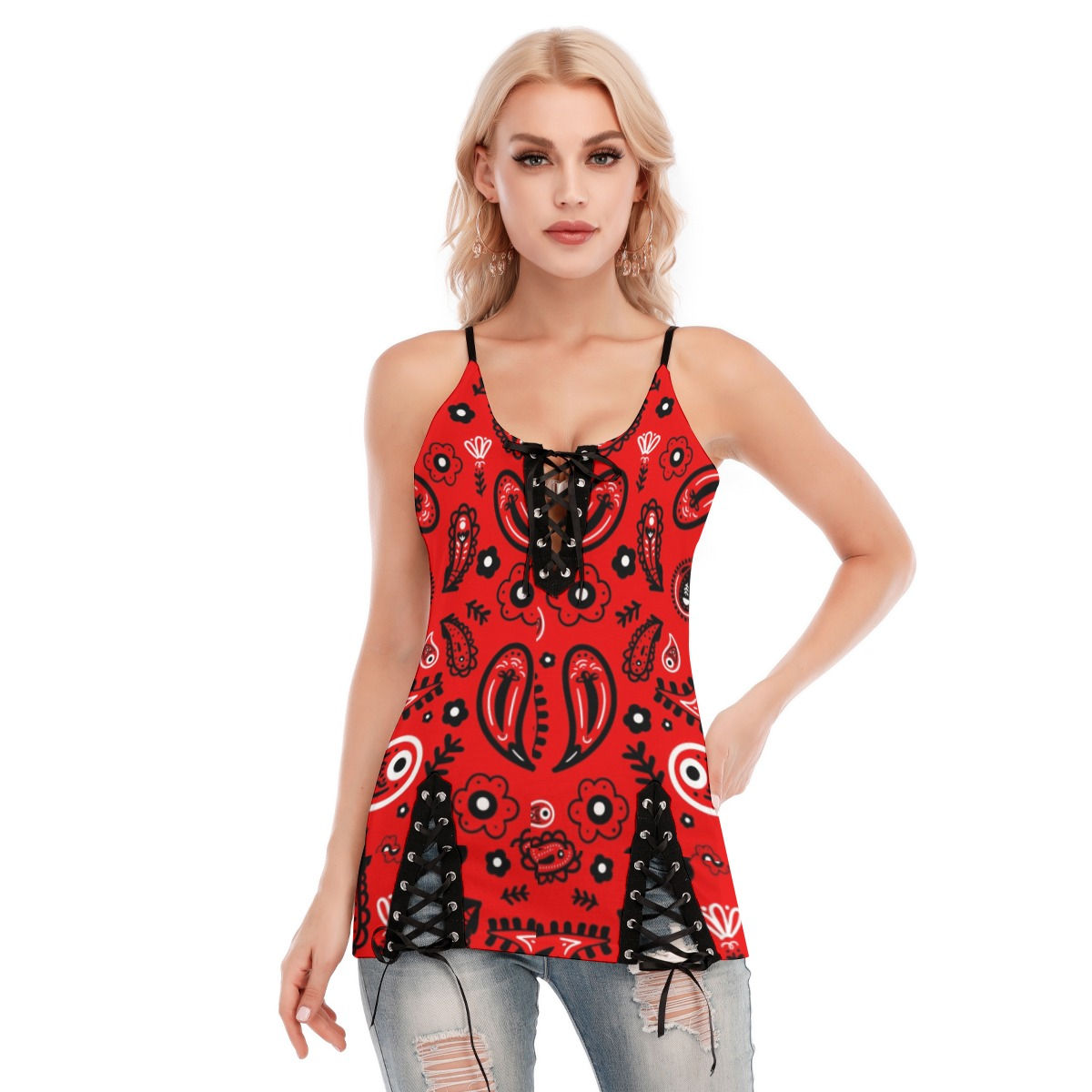 freshdrop All-Over Print Women's V-neck Eyelet Lace-up Cami Dress