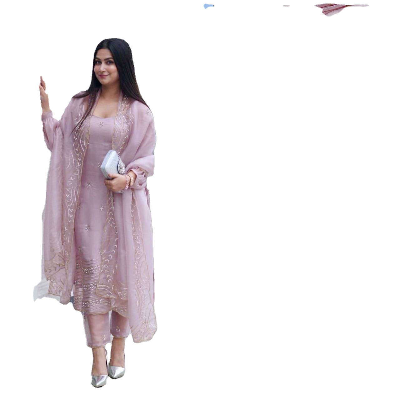 Elegant Pakistani Salwar Kameez Set: Soft Teby Silk, Vintage Embroidery & Breath
