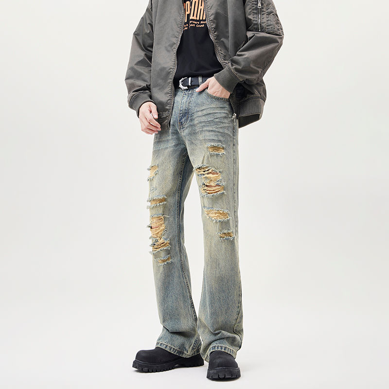 Thumbnail: High Street Yellow Mud Stone Wash Denim Baggy Straight Pants
