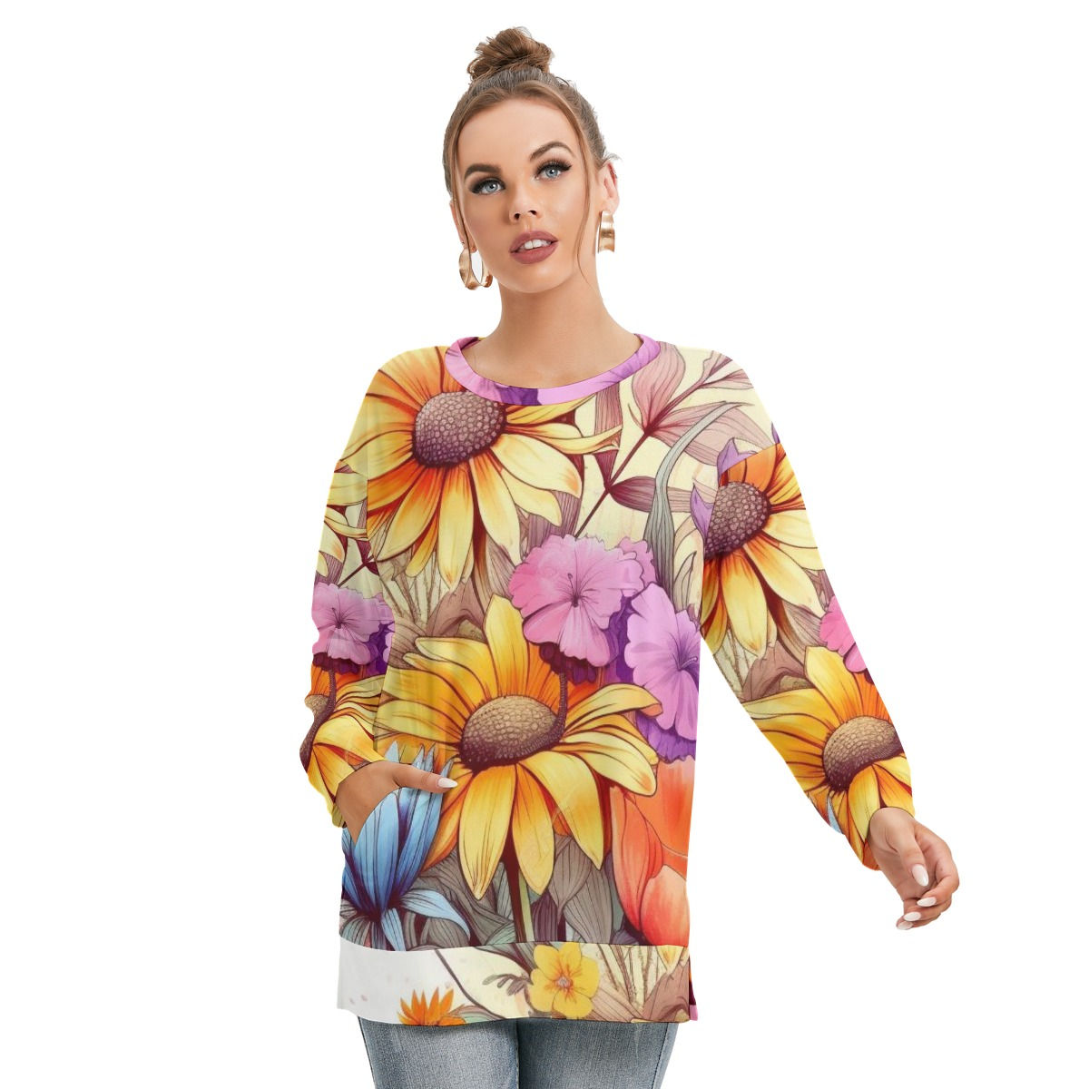 Freshdrop All-Over Print Women's Side Split O-neck Sweatshirt