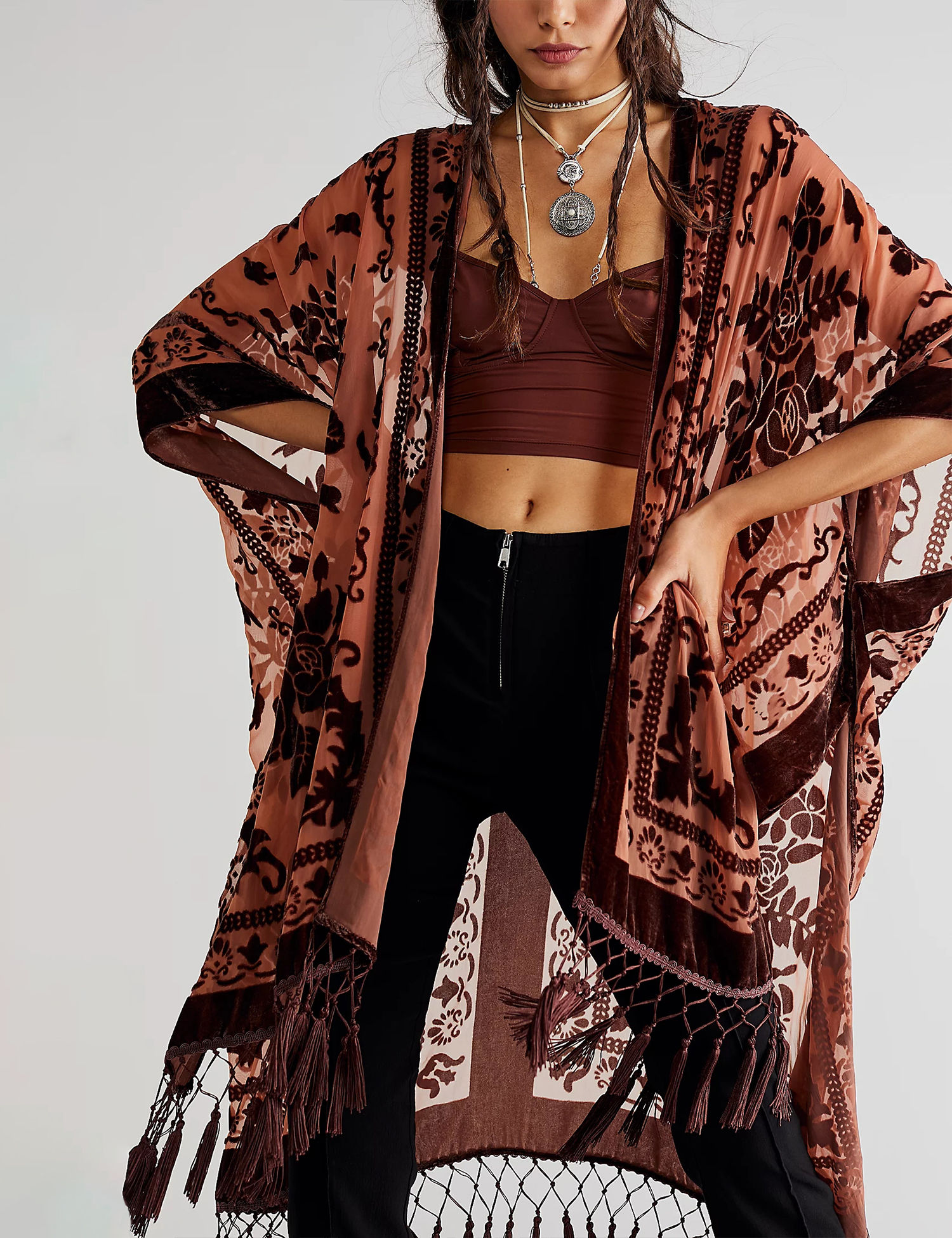 Ladies Crushed Velvet Beach Retro Kimono Style Oversized Vintage Tassel Woven