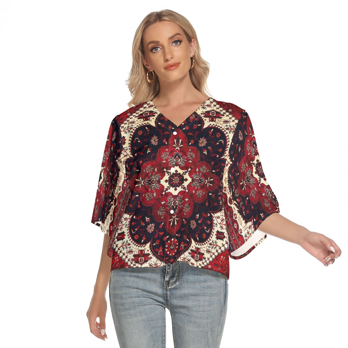Freshdrop All-Over Print Women's Bat Sleeve Light V-neck Front Buttoned Top