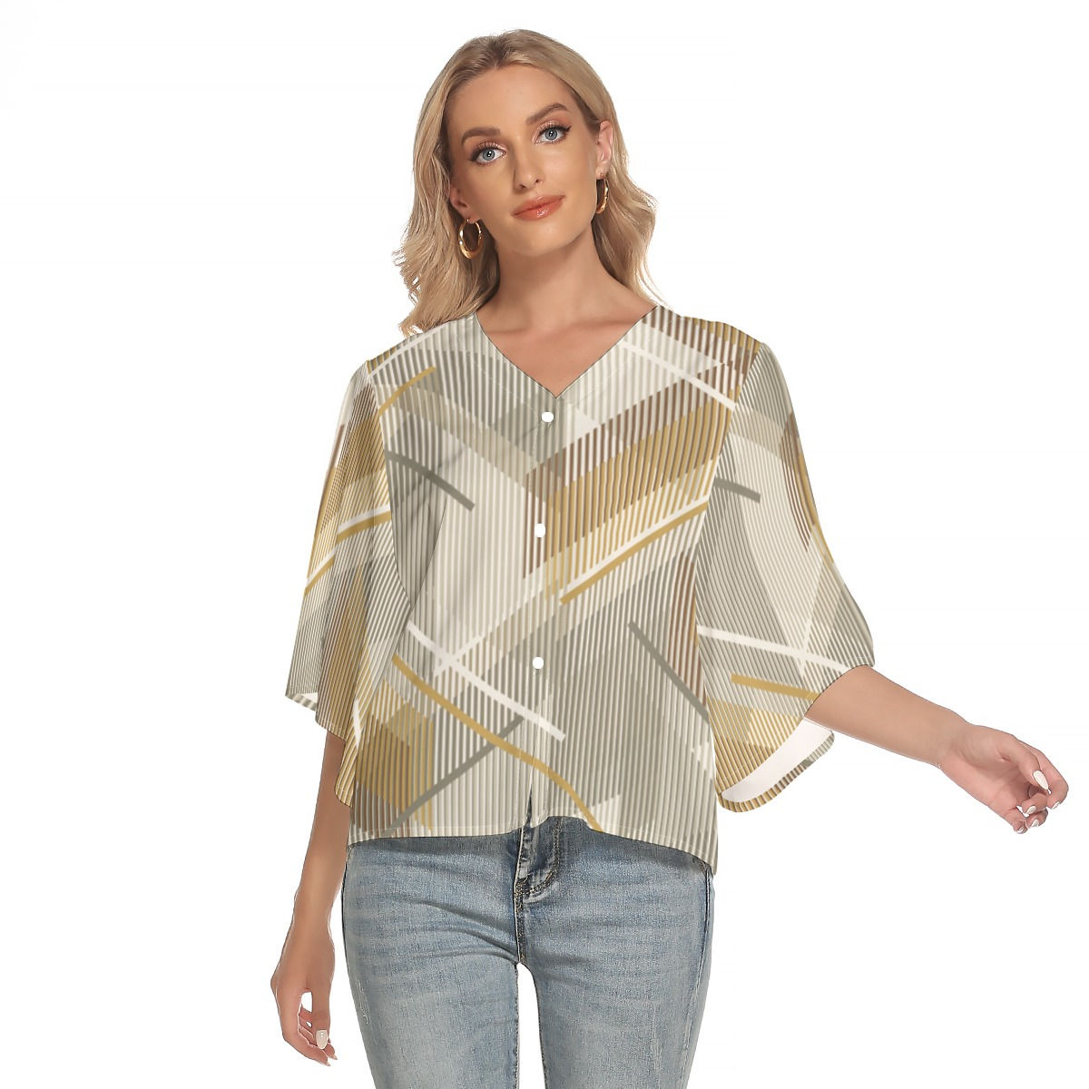 Freshdrop All-Over Print Women's Bat Sleeve Light V-neck Front Buttoned Top