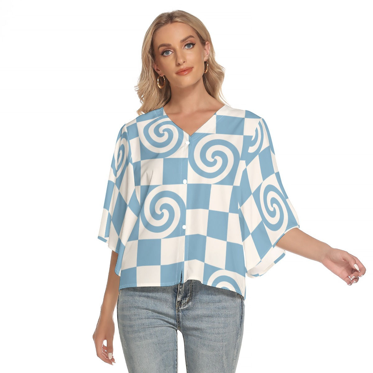 Freshdrop All-Over Print Women's Bat Sleeve Light V-neck Front Buttoned Top