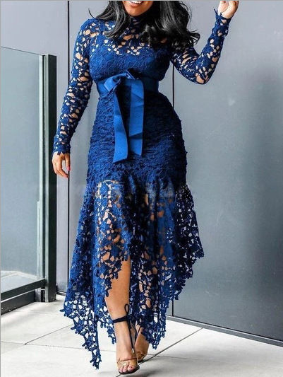 Thumbnail: Elegant Stand Collar Lace Dress for Women - Irregular Long Sleeve