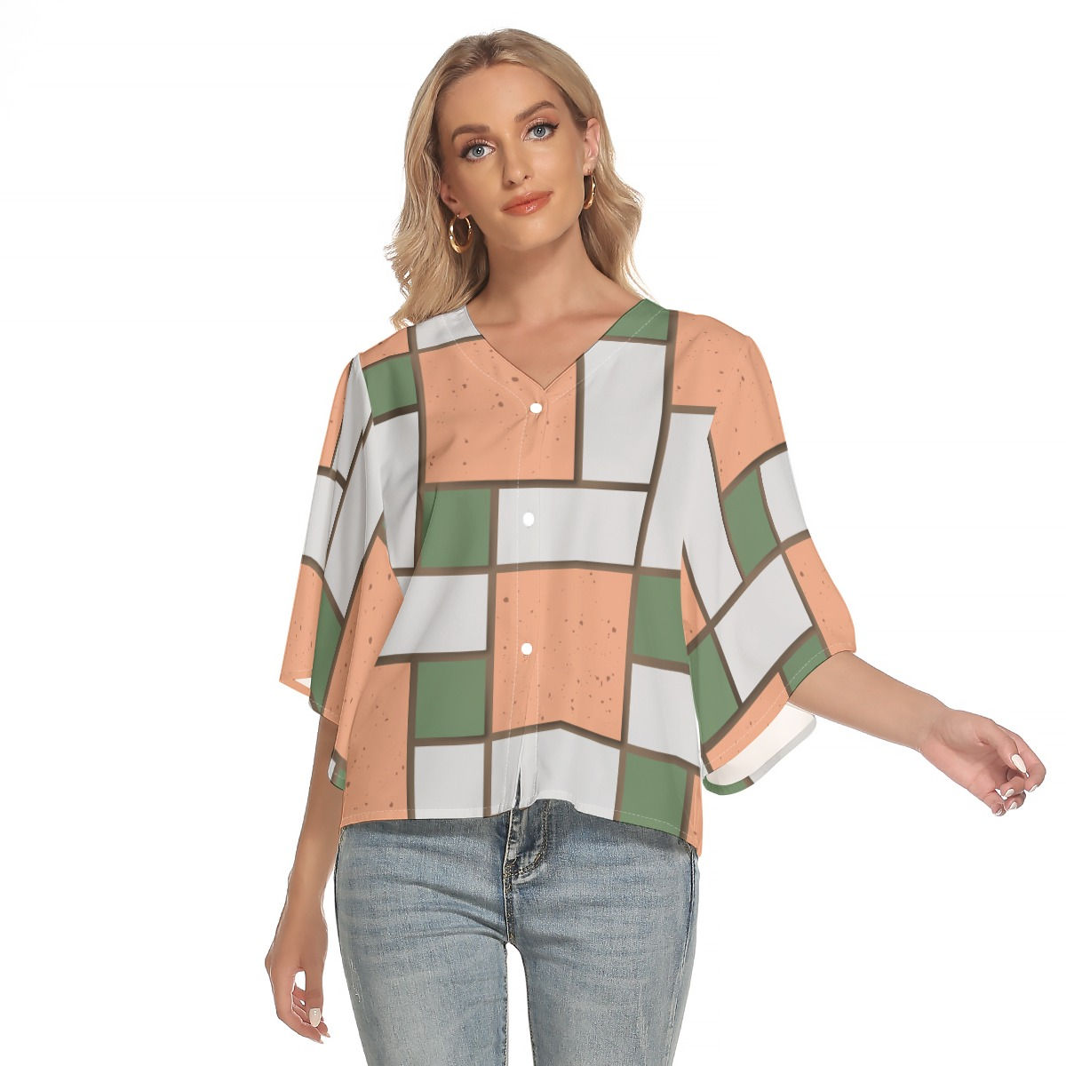 Freshdrop All-Over Print Women's Bat Sleeve Light V-neck Front Buttoned Top