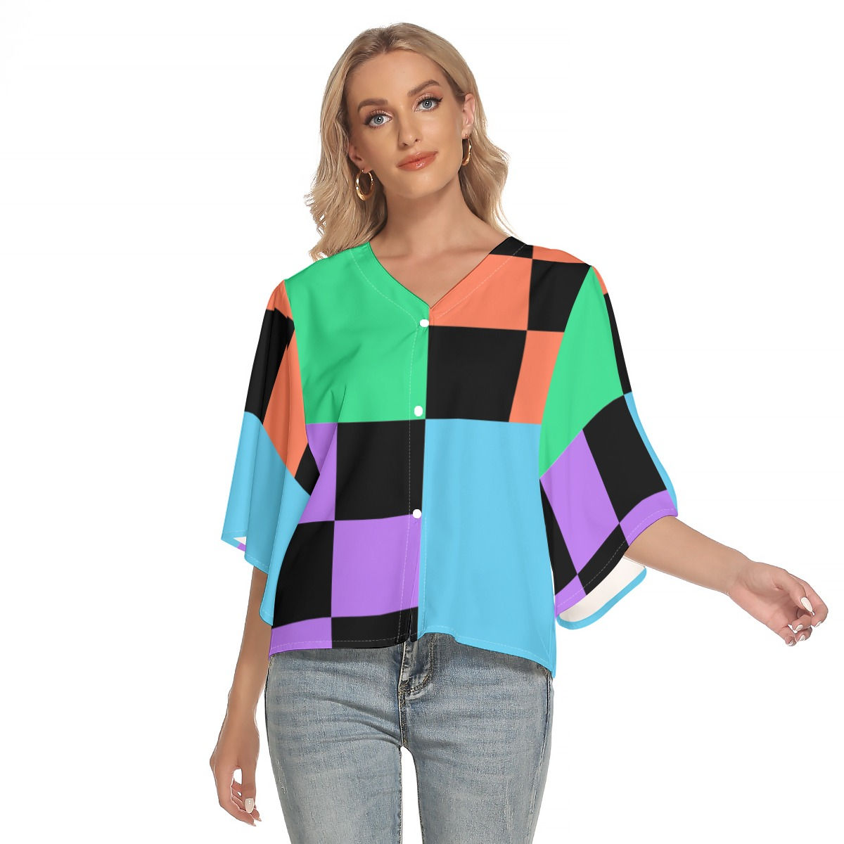 Freshdrop All-Over Print Women's Bat Sleeve Light V-neck Front Buttoned Top