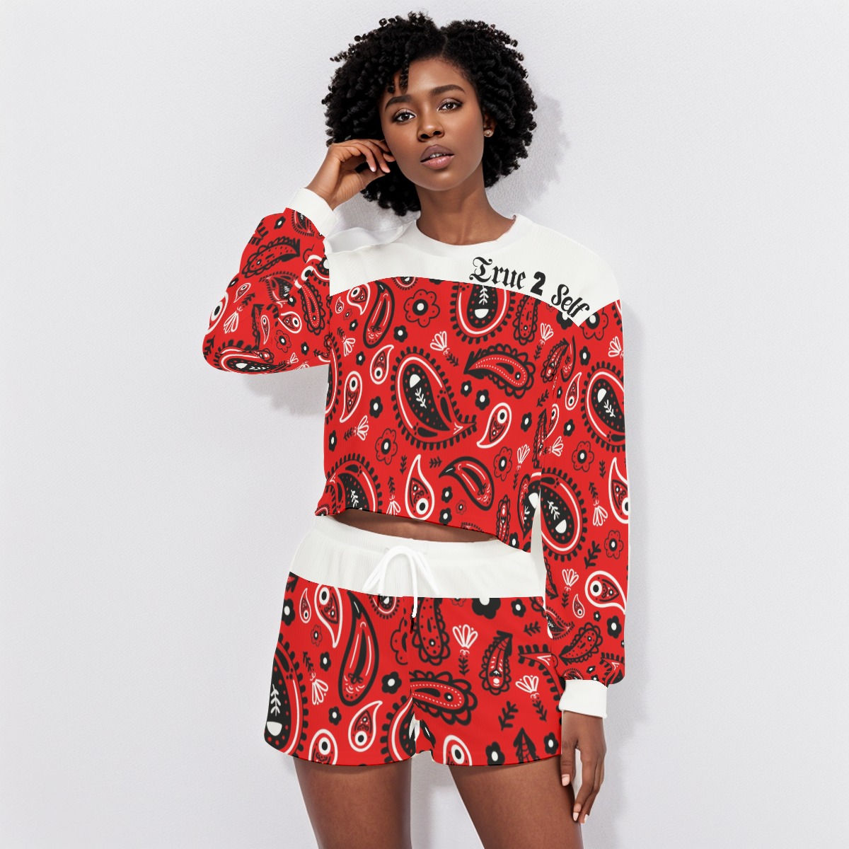 True 2 Self All-Over Print Women's Short Sweatshirt And Pants Suit