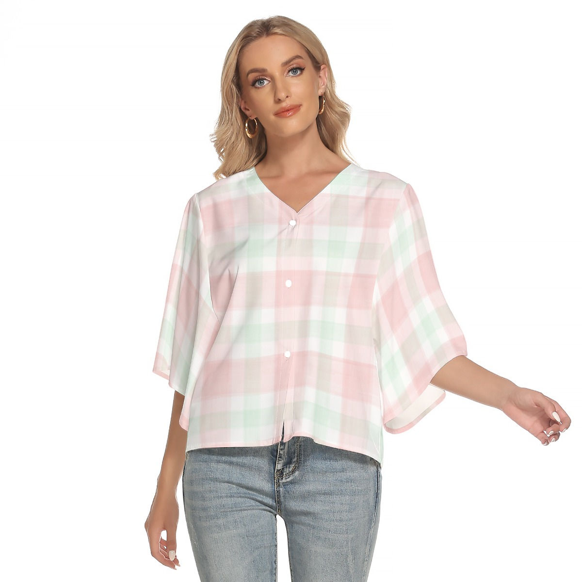 Freshdrop All-Over Print Women's Bat Sleeve Light V-neck Front Buttoned Top