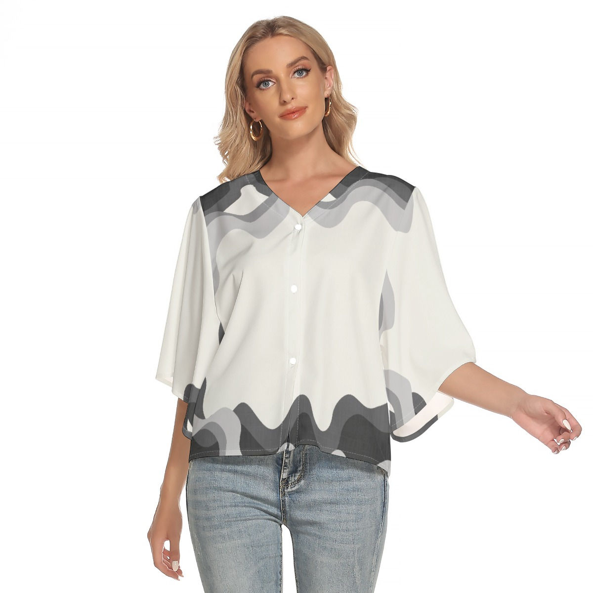 Freshdrop All-Over Print Women's Bat Sleeve Light V-neck Front Buttoned Top